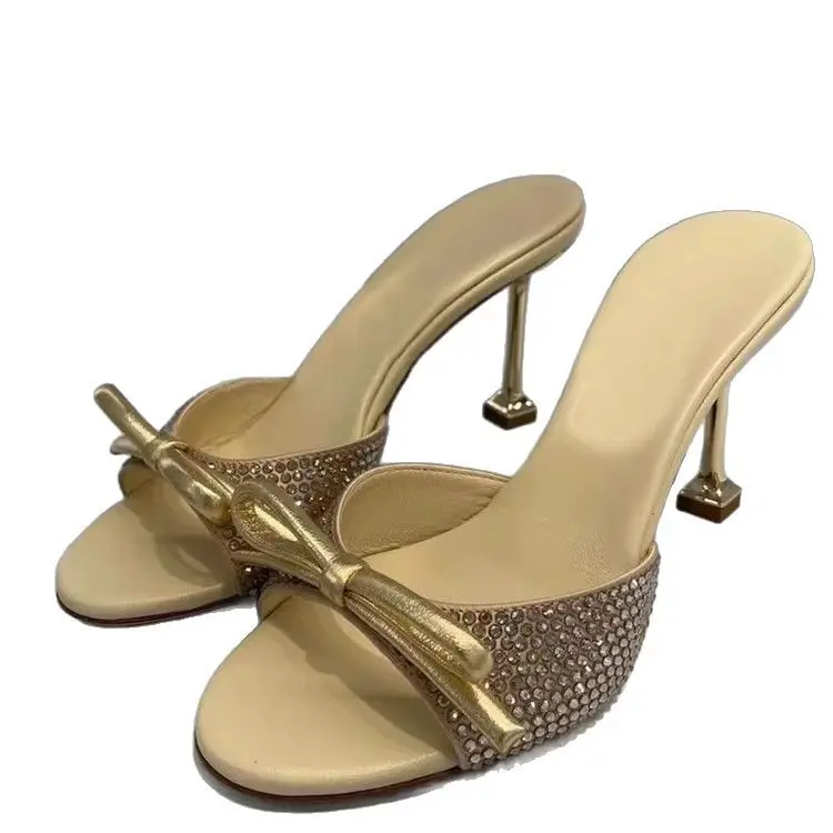 Champagne Crystal Bow Rhinestone High Heels Women Summer 2025 - Image 6