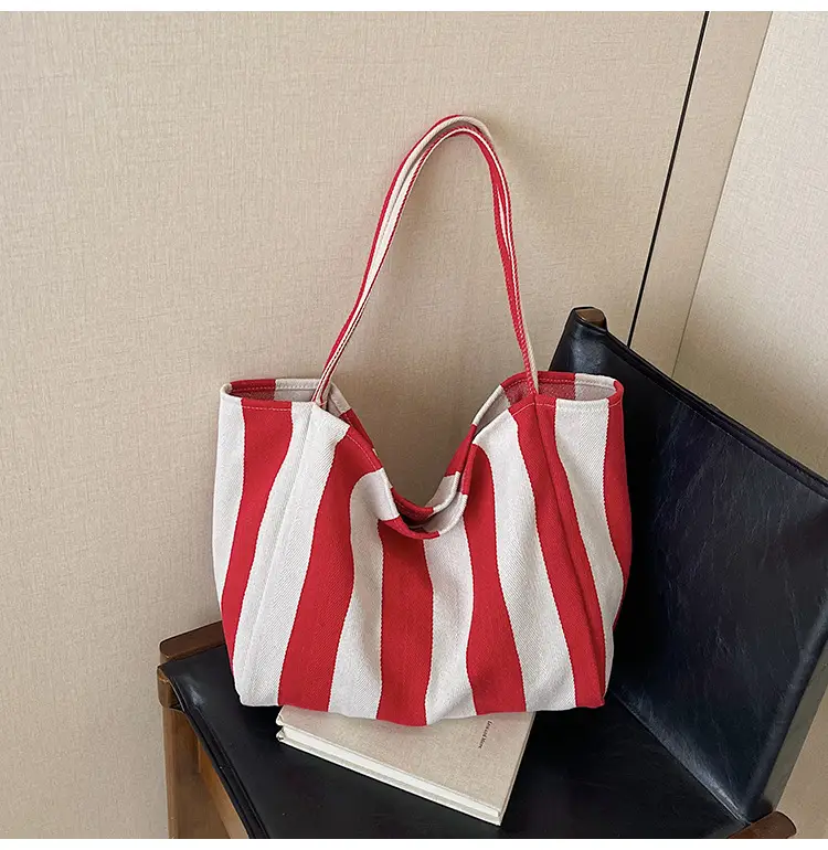 Red Striped Canvas Shoulder Bag for Women 2026 - Image 3