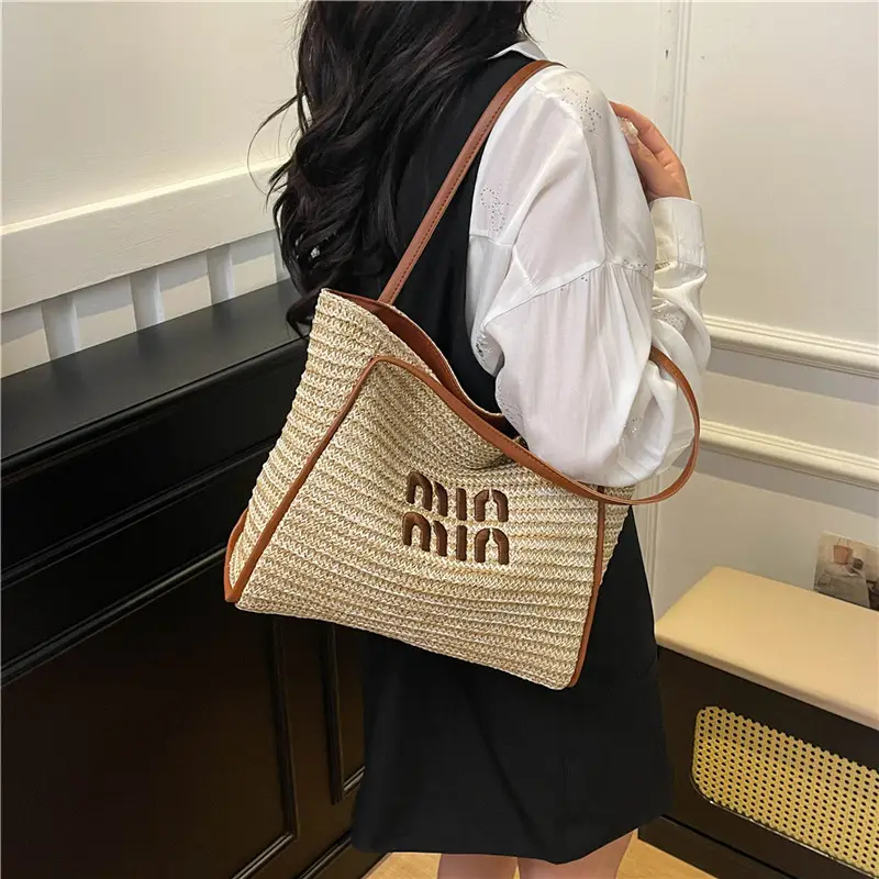 2025 New Commuting Tote Bag Striped Woven Large Capacity - Image 5