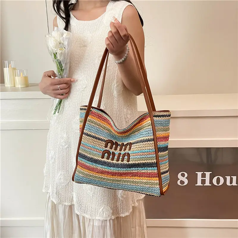 2025 New Commuting Tote Bag Striped Woven Large Capacity - Image 6