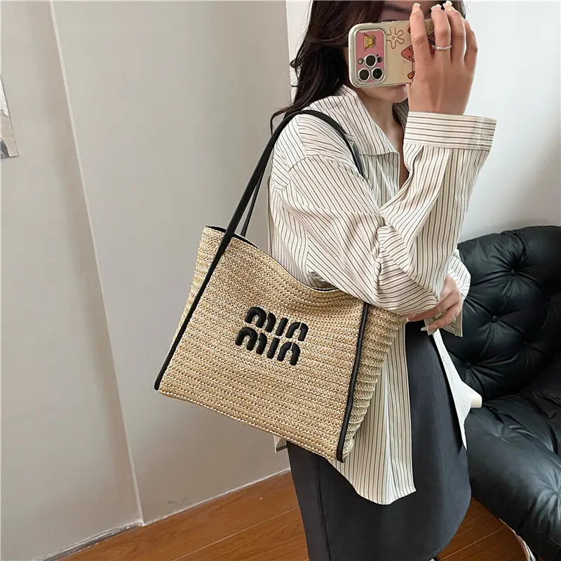 2025 New Commuting Tote Bag Striped Woven Large Capacity - Image 7