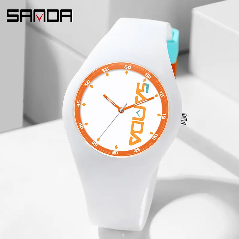 SANDA Black Silicone Sports Watch with Red Dial
