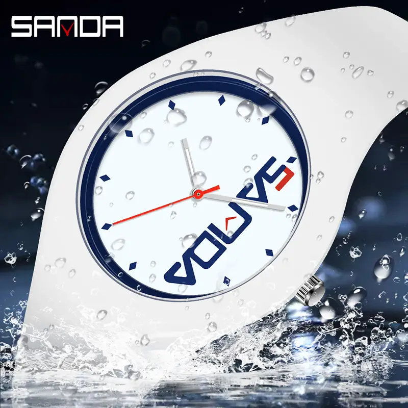 SANDA Black Silicone Sports Watch with Red Dial