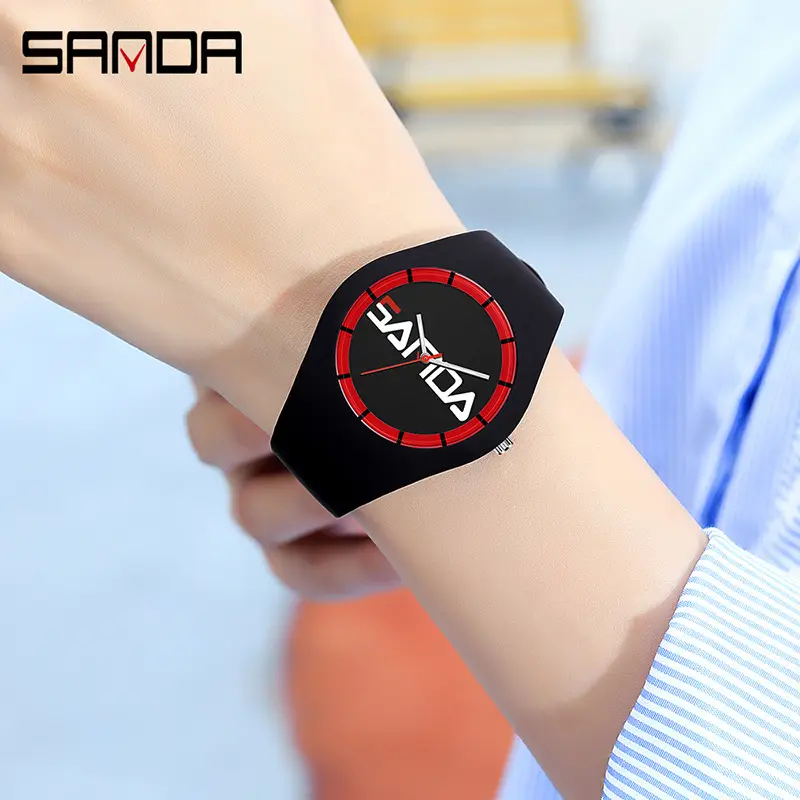 SANDA Black Silicone Sports Watch with Red Dial