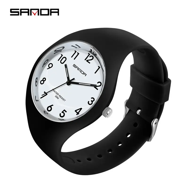 SANDA Black Silicone Sports Watch with Red Dial