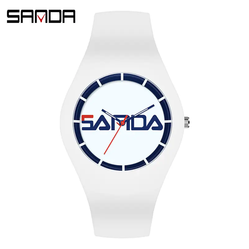 SANDA Black Silicone Sports Watch with Red Dial
