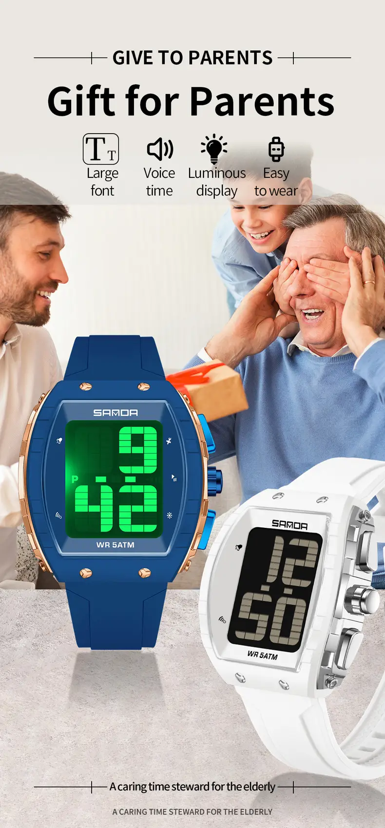 Sanda Waterproof Digital Watch Blue Elderly Large Screen — feature 21