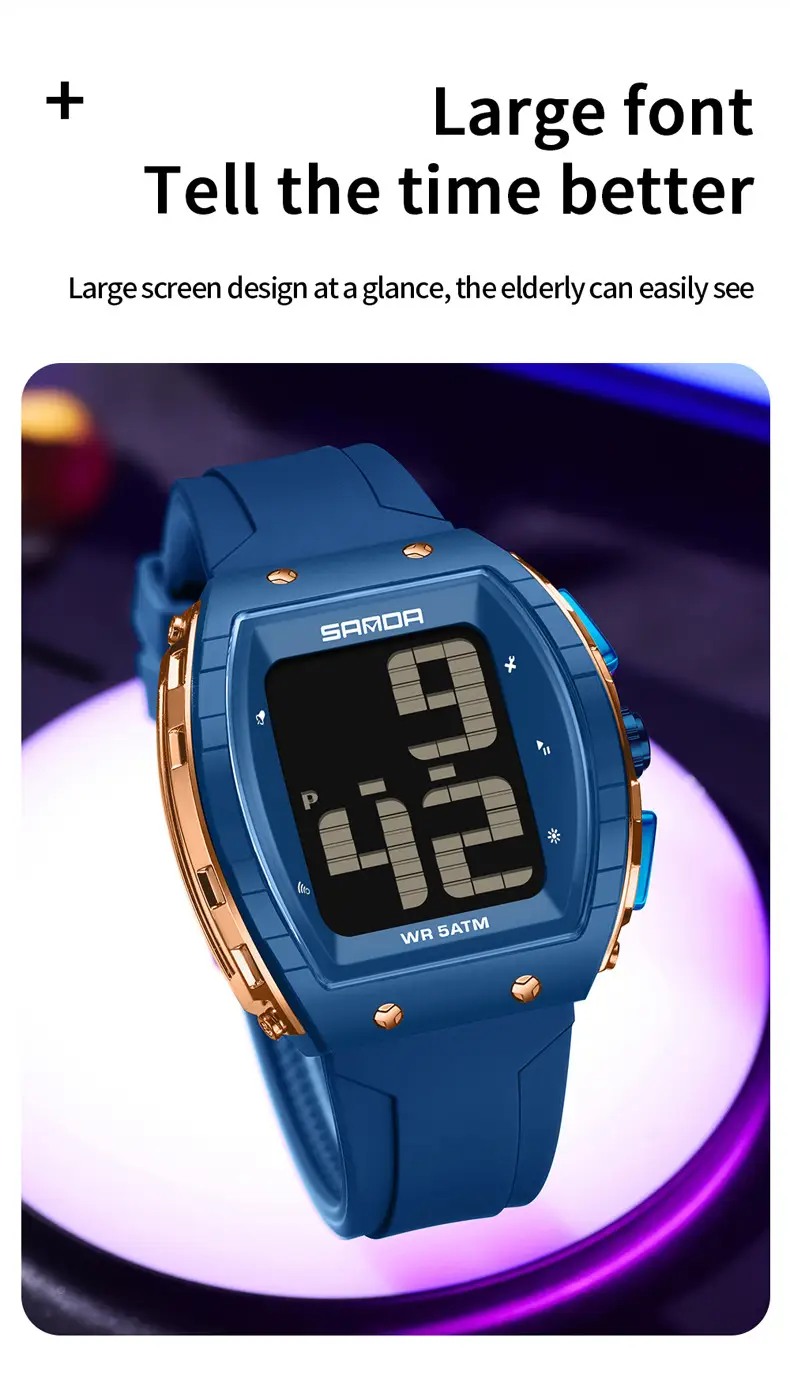 Sanda Waterproof Digital Watch Blue Elderly Large Screen — feature 26