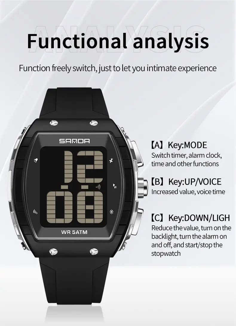 Sanda Waterproof Digital Watch Blue Elderly Large Screen — feature 34