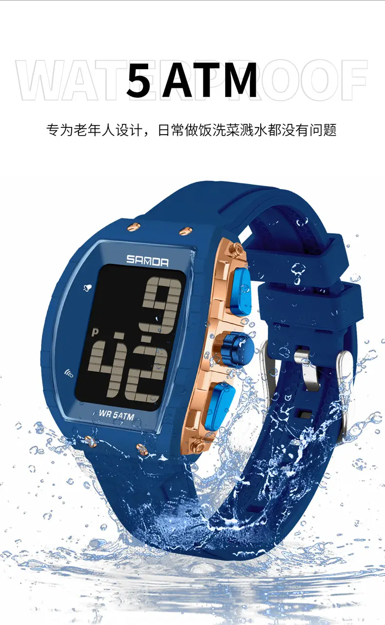 Sanda Waterproof Digital Watch Blue Elderly Large Screen — feature 9