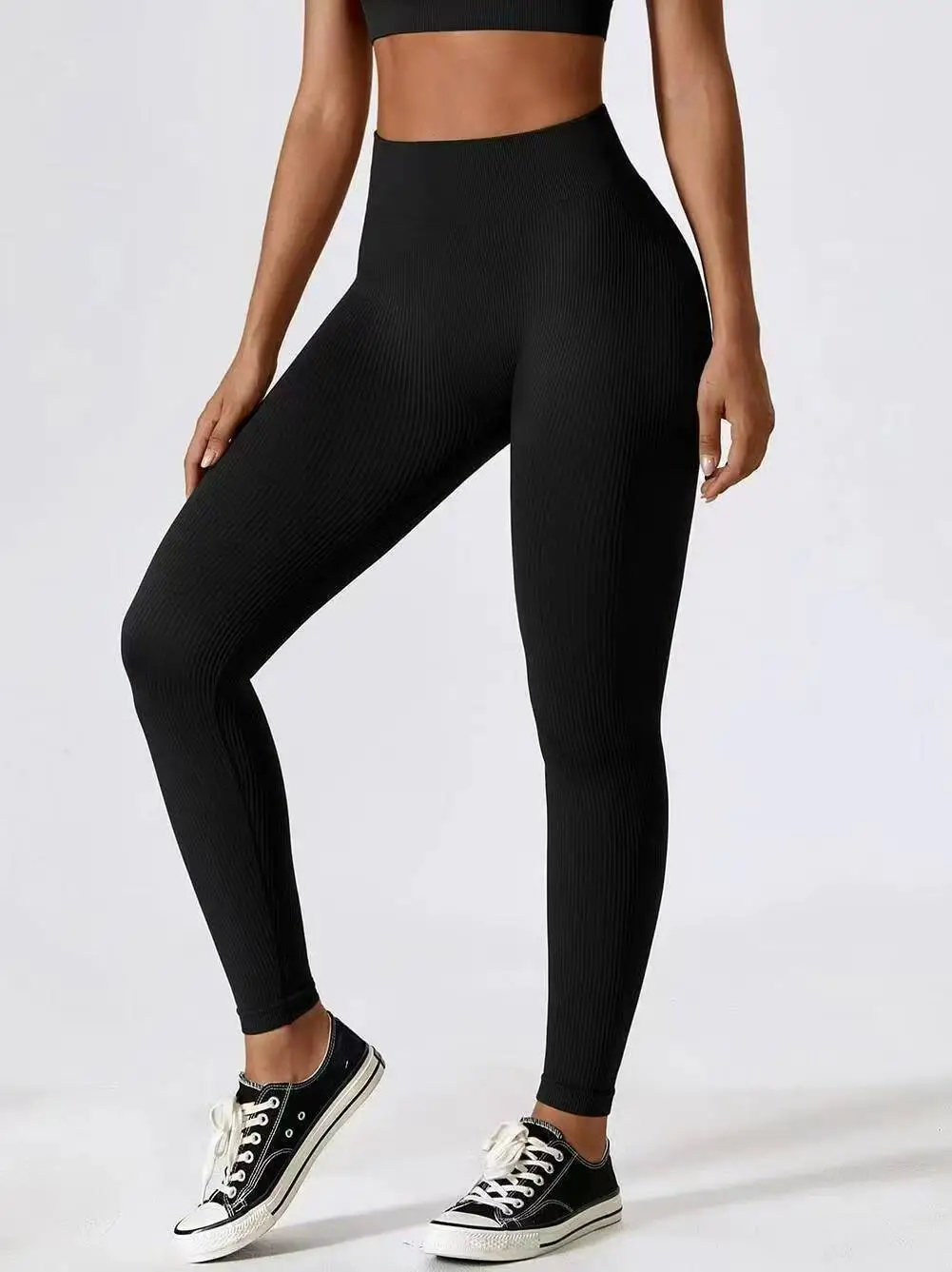 Women Black High Waist Yoga Leggings 9 Points Cotton - Image 3