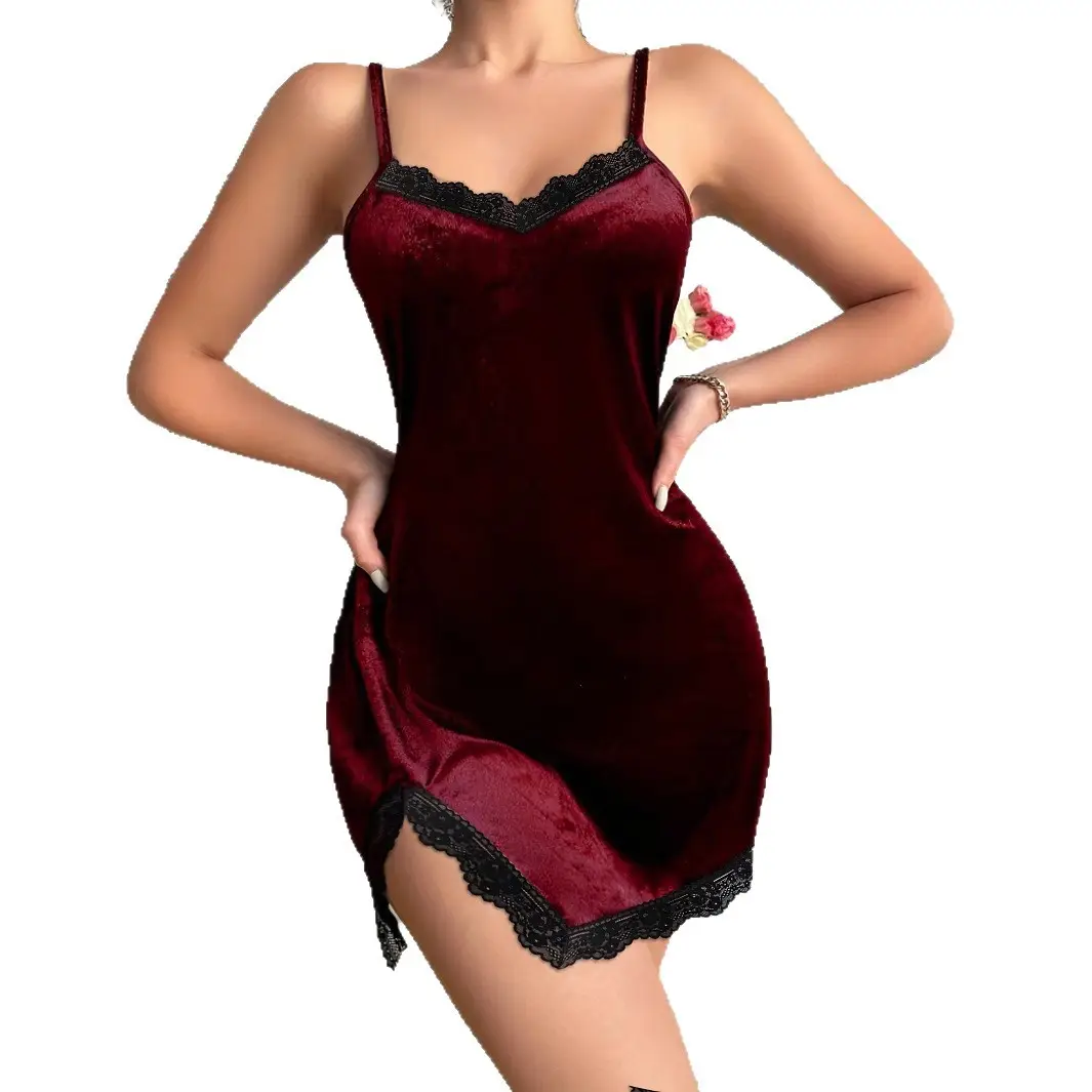 European American Cross-Border Lace Burgundy Nightgown Dress - Image 6