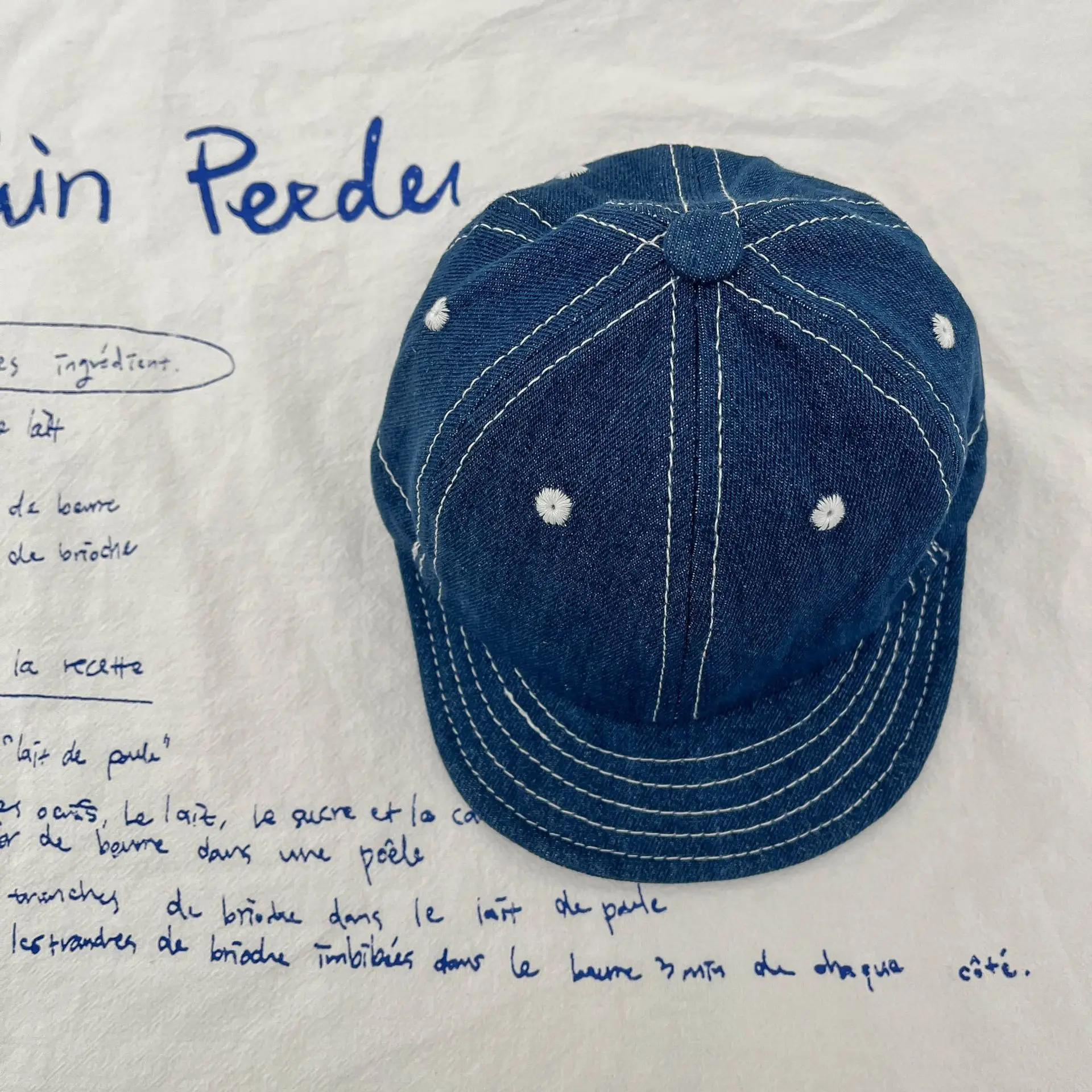 Blue Denim Drawstring Cap for Kids with Pearl Accents — feature 1