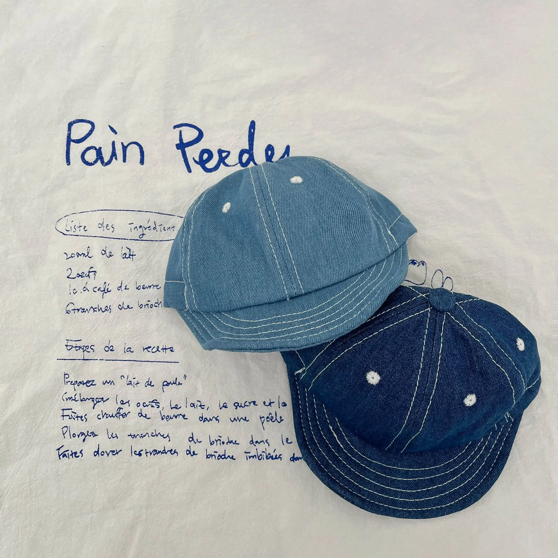 Blue Denim Drawstring Cap for Kids with Pearl Accents — feature 3