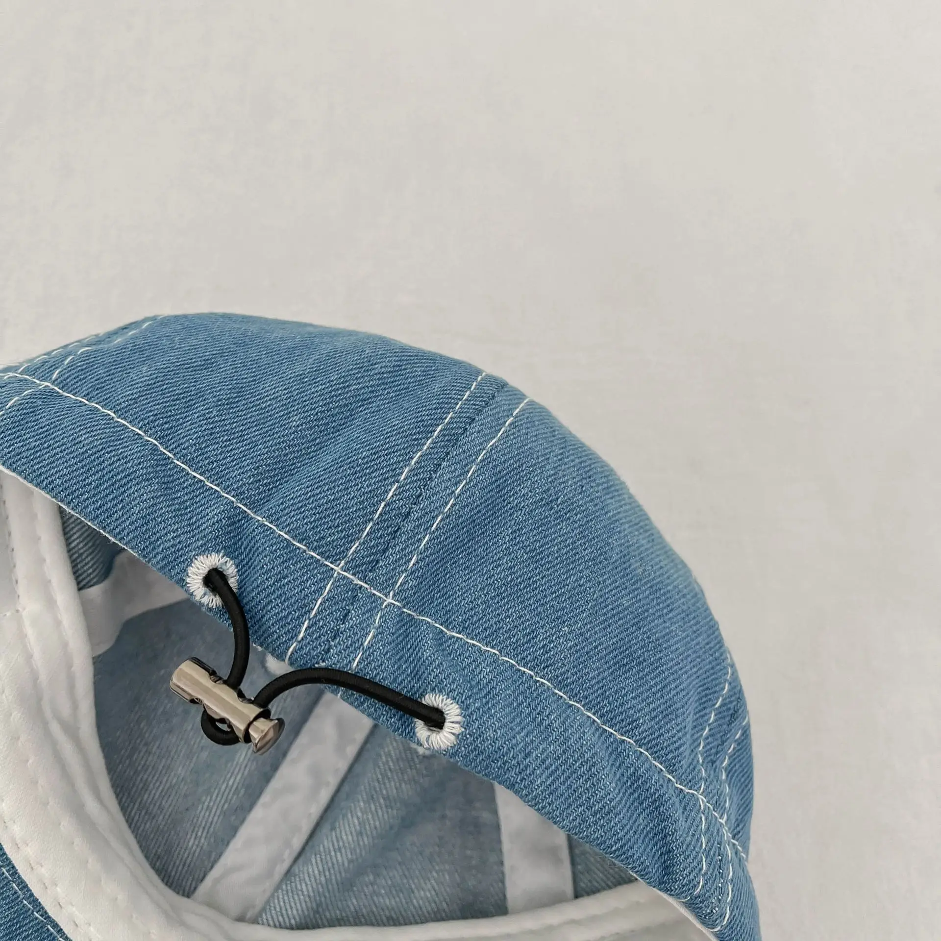 Blue Denim Drawstring Cap for Kids with Pearl Accents — feature 4