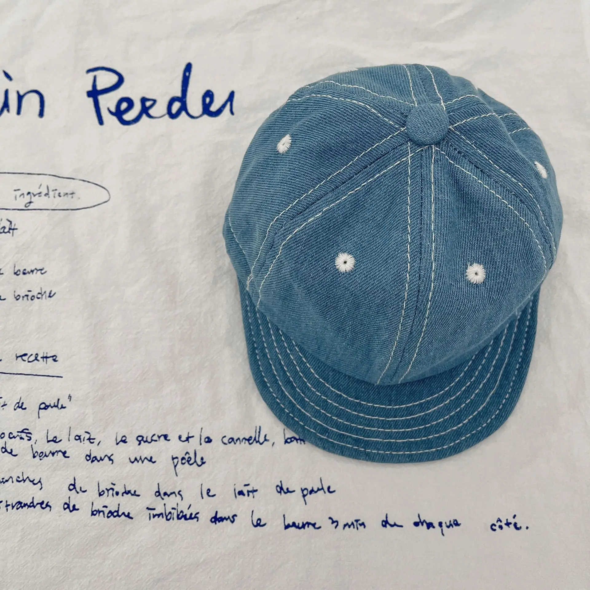 Blue Denim Drawstring Cap for Kids with Pearl Accents - Image 2