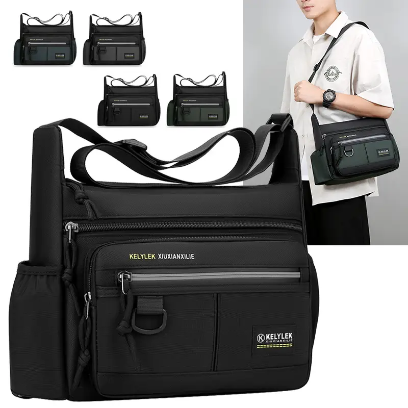Men's Multi-Layer Oxford Shoulder Bag with Water Cup Storage