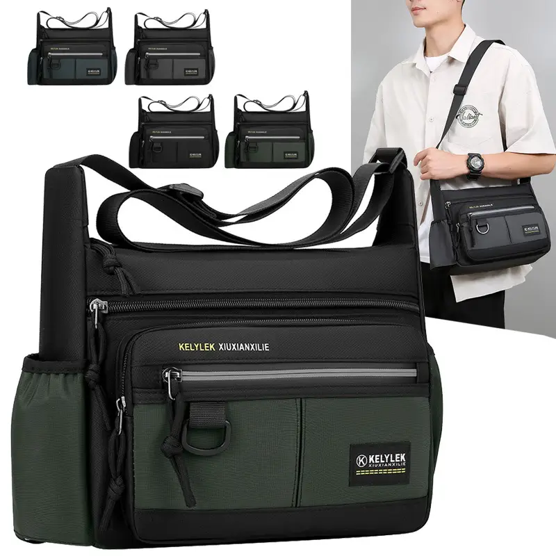 Men's Multi-Layer Oxford Shoulder Bag with Water Cup Storage