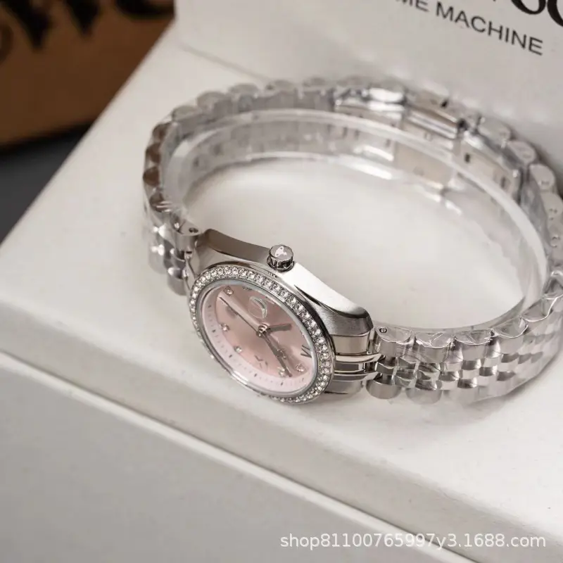 Women's Diamond Encrusted Steel Watch with Cherry Blossom Pink Dial - Image 3