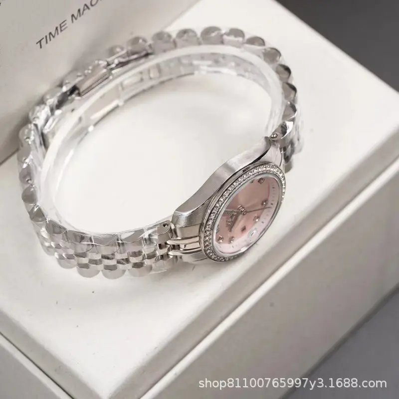 Women's Diamond Encrusted Steel Watch with Cherry Blossom Pink Dial — feature 2