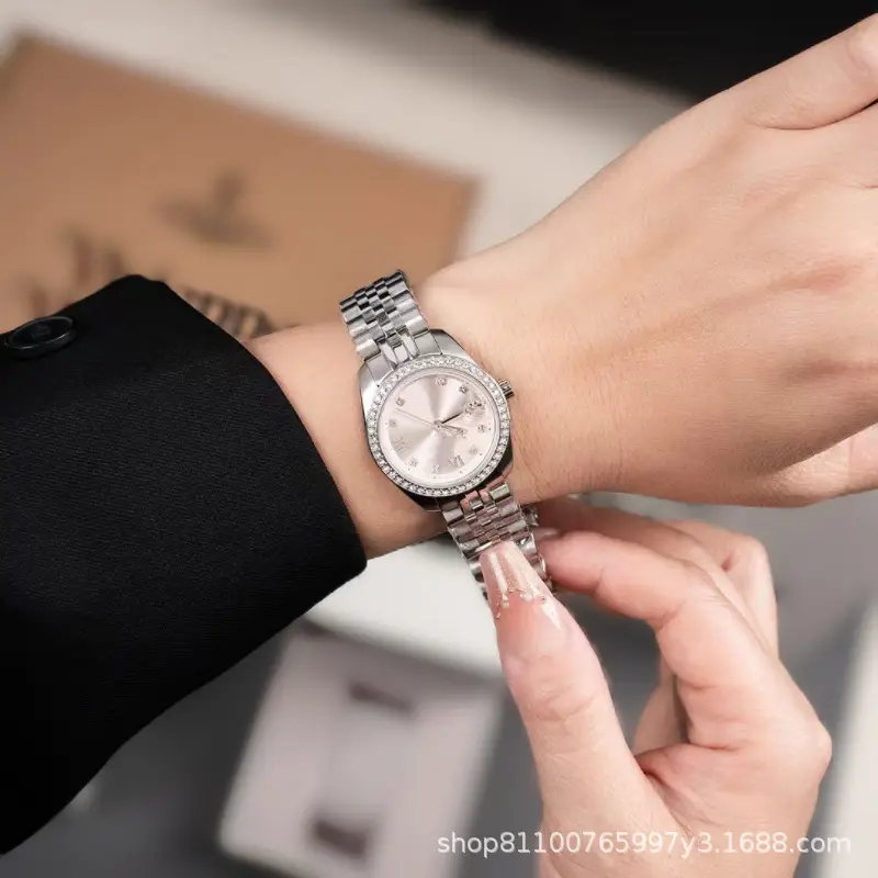 Women's Diamond Encrusted Steel Watch with Cherry Blossom Pink Dial — feature 4