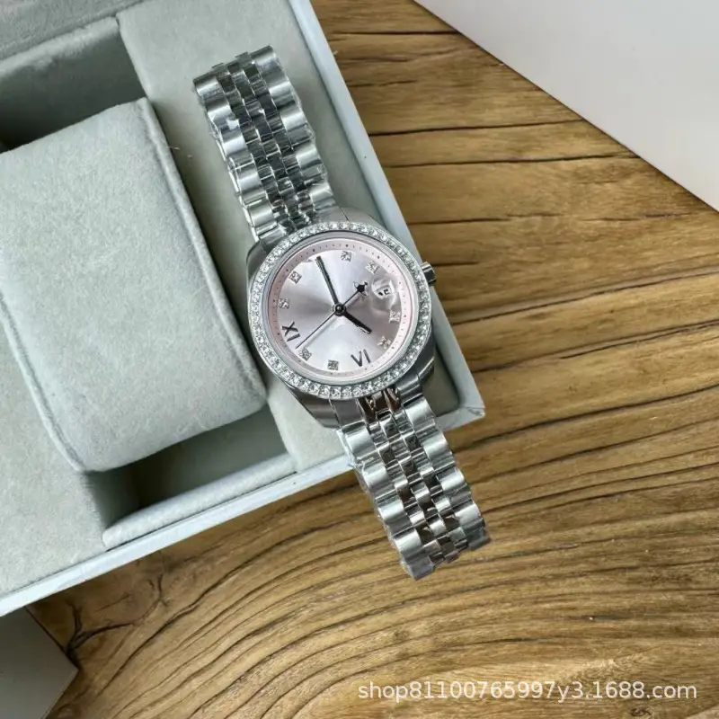 Women's Diamond Encrusted Steel Watch with Cherry Blossom Pink Dial — feature 6