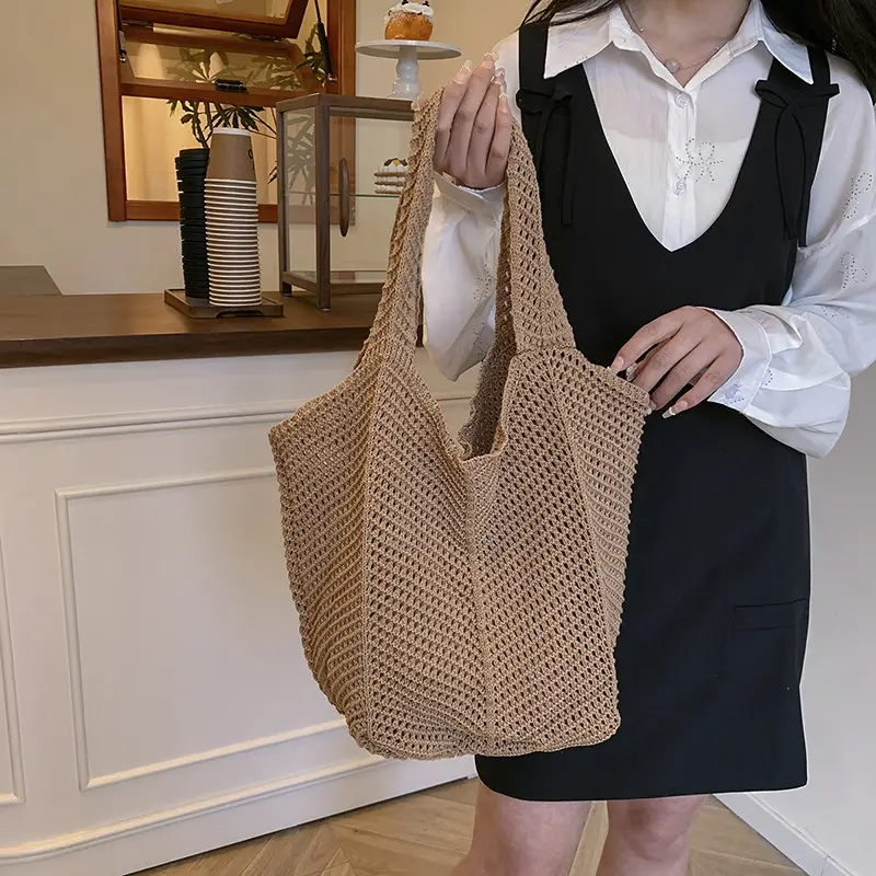 Women's Beige Knitted Large Shoulder Bag - Image 3