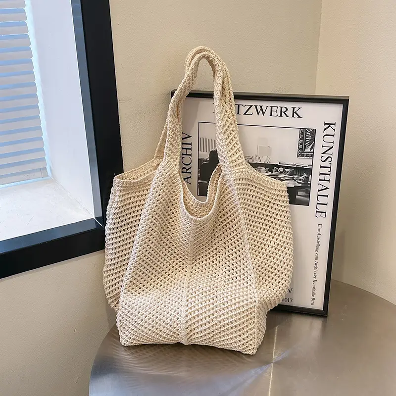 Women's Beige Knitted Large Shoulder Bag - Image 6