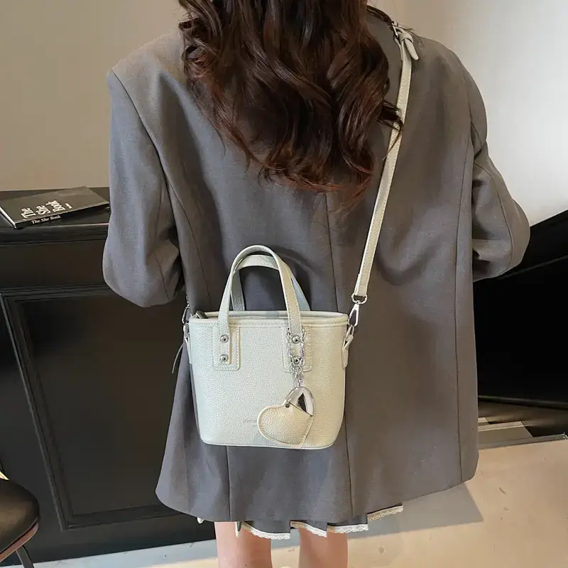Women's Yellow Leather Bucket Bag with Heart Design - Image 7
