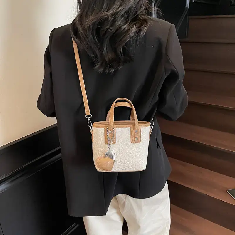 Women's Yellow Leather Bucket Bag with Heart Design - Image 8