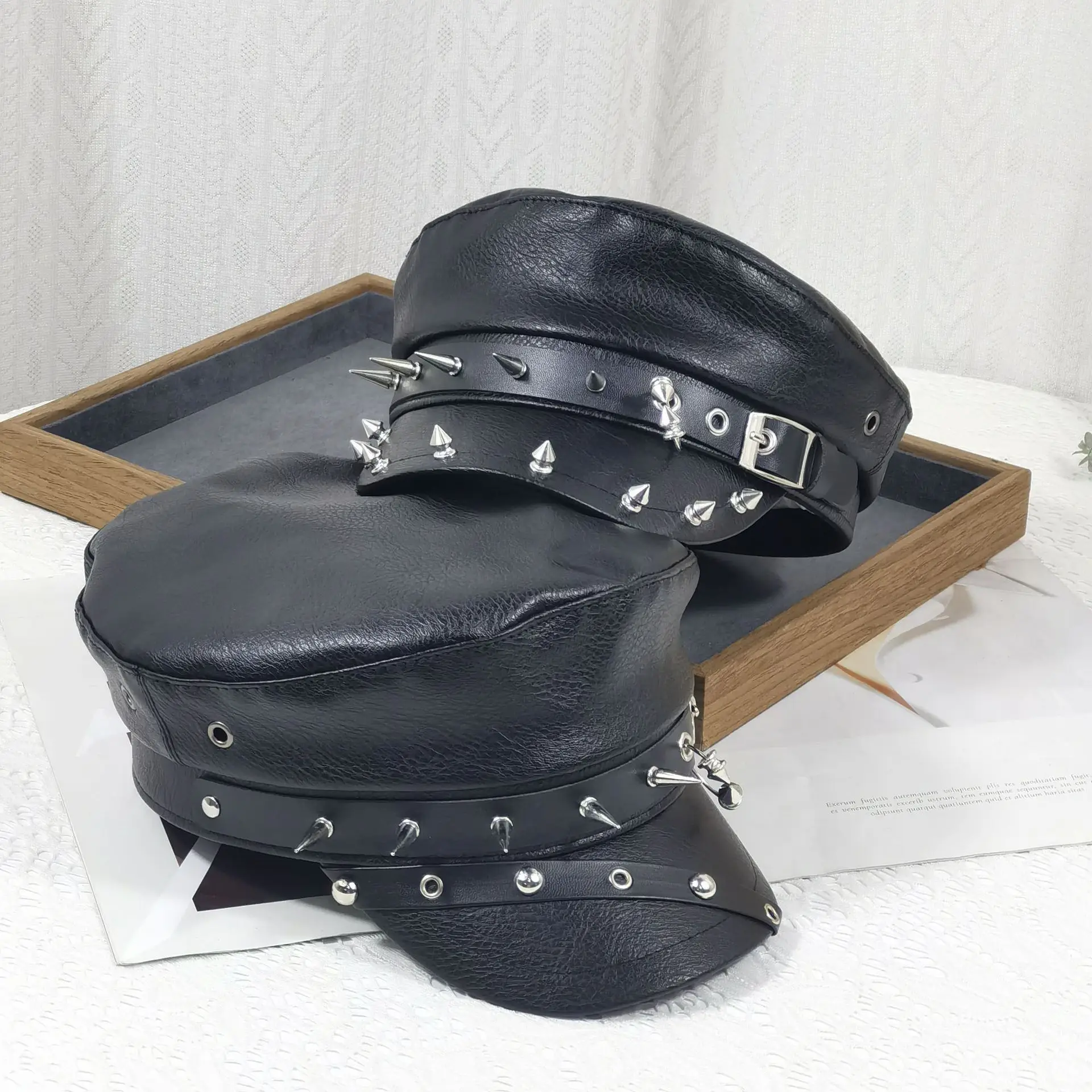 Navy Leather Cap with Chain & Anchor Design - Image 11