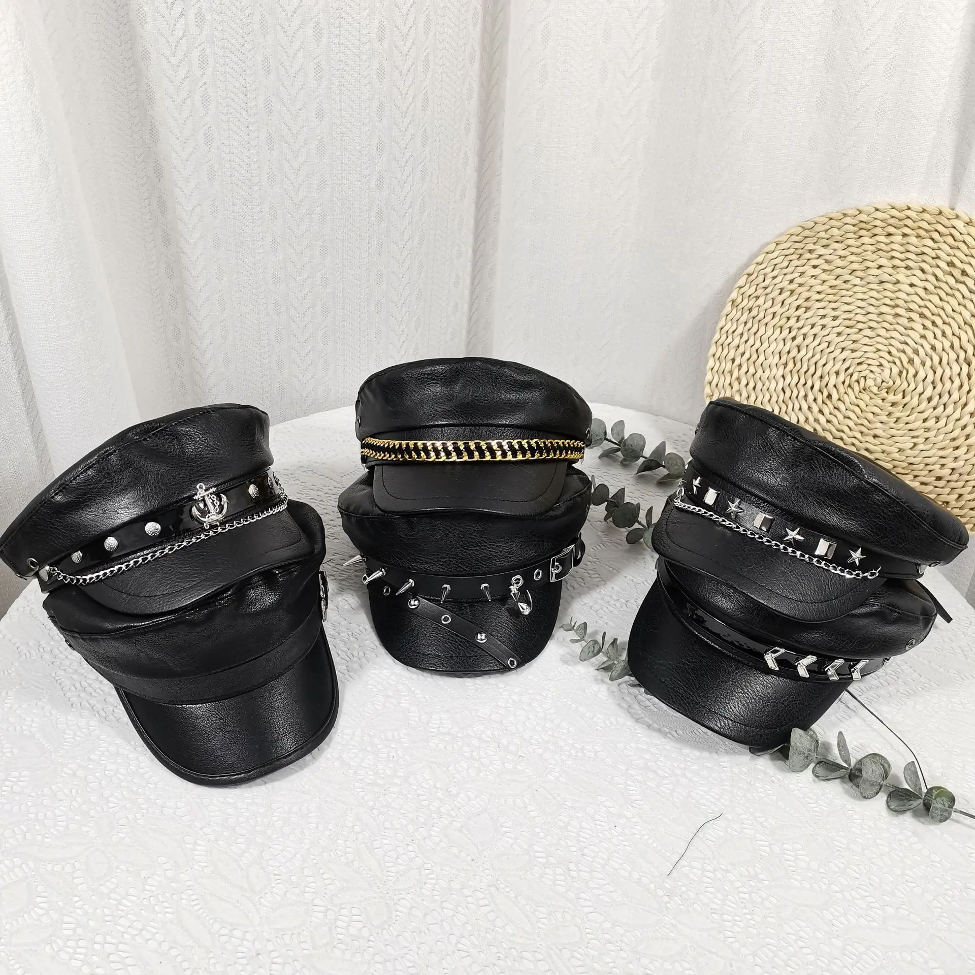 Navy Leather Cap with Chain & Anchor Design - Image 12