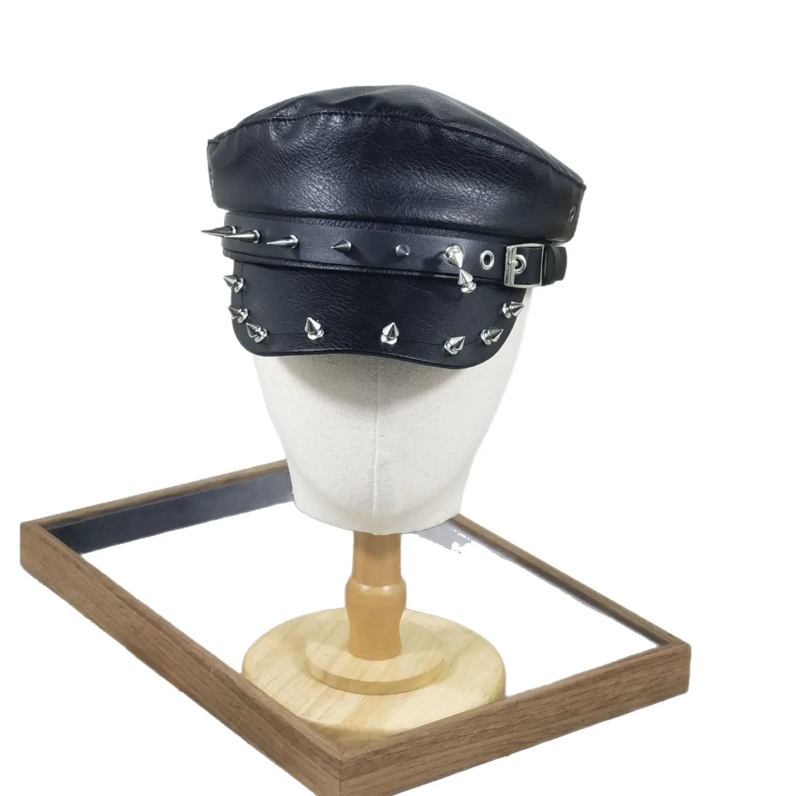 Navy Leather Cap with Chain & Anchor Design - Image 13