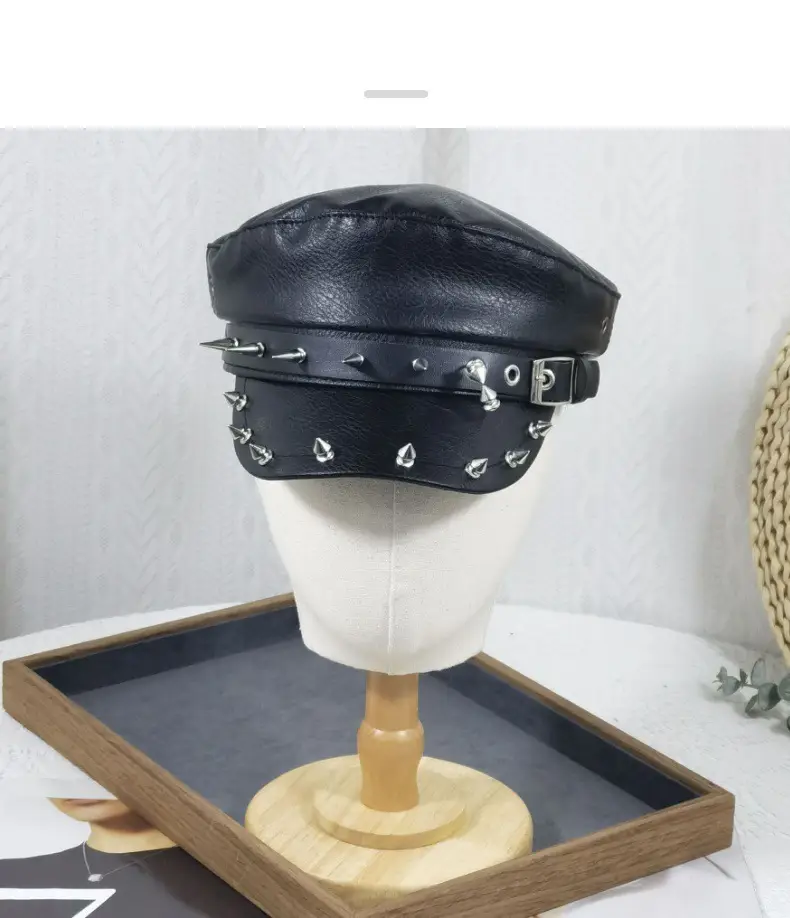 Navy Leather Cap with Chain & Anchor Design — feature 10