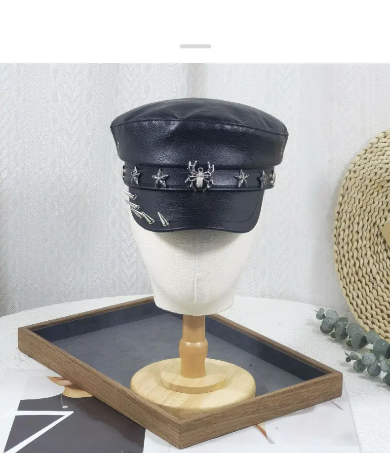 Navy Leather Cap with Chain & Anchor Design — feature 13
