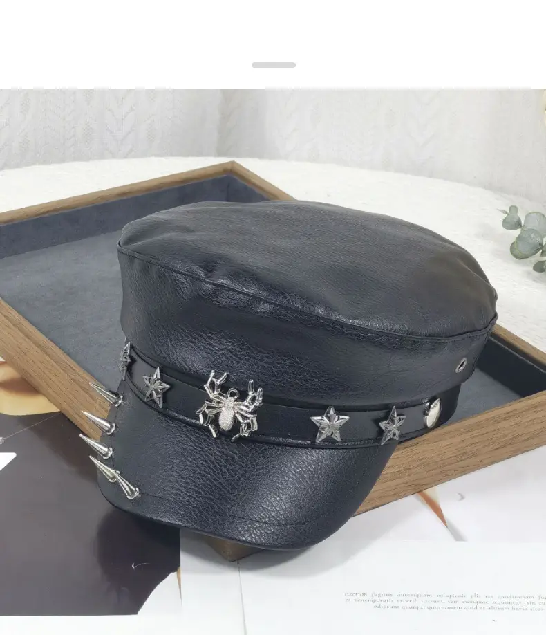 Navy Leather Cap with Chain & Anchor Design — feature 14
