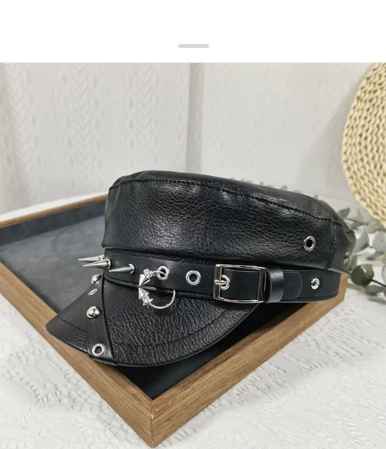 Navy Leather Cap with Chain & Anchor Design — feature 17