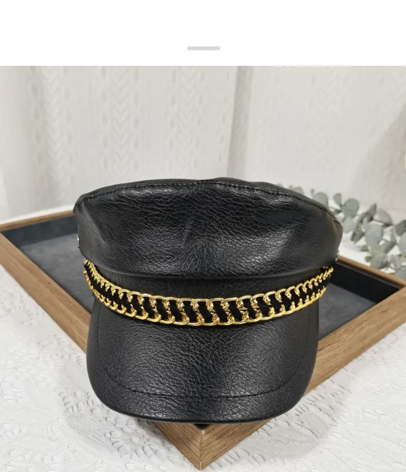 Navy Leather Cap with Chain & Anchor Design — feature 18
