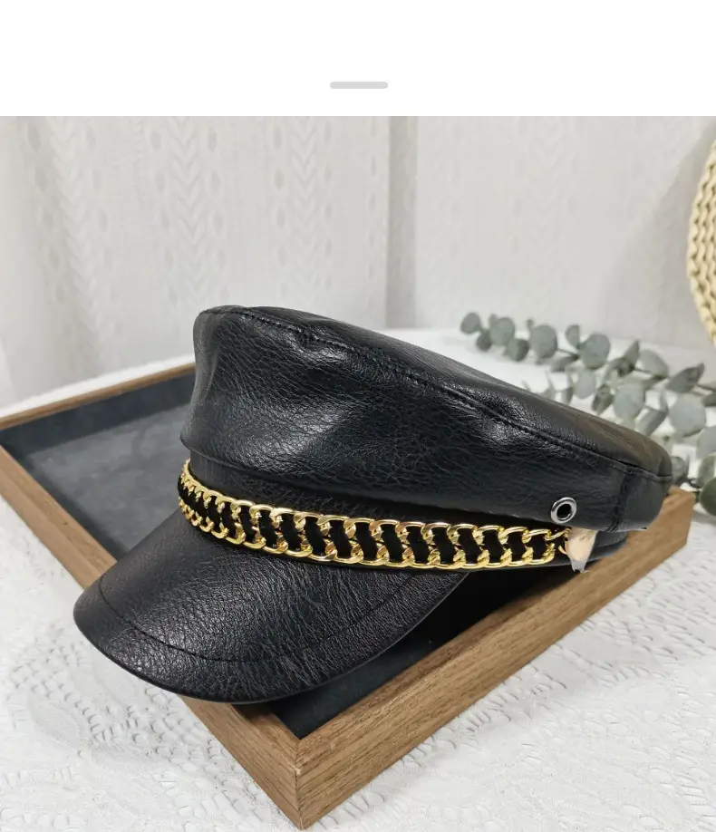 Navy Leather Cap with Chain & Anchor Design — feature 19