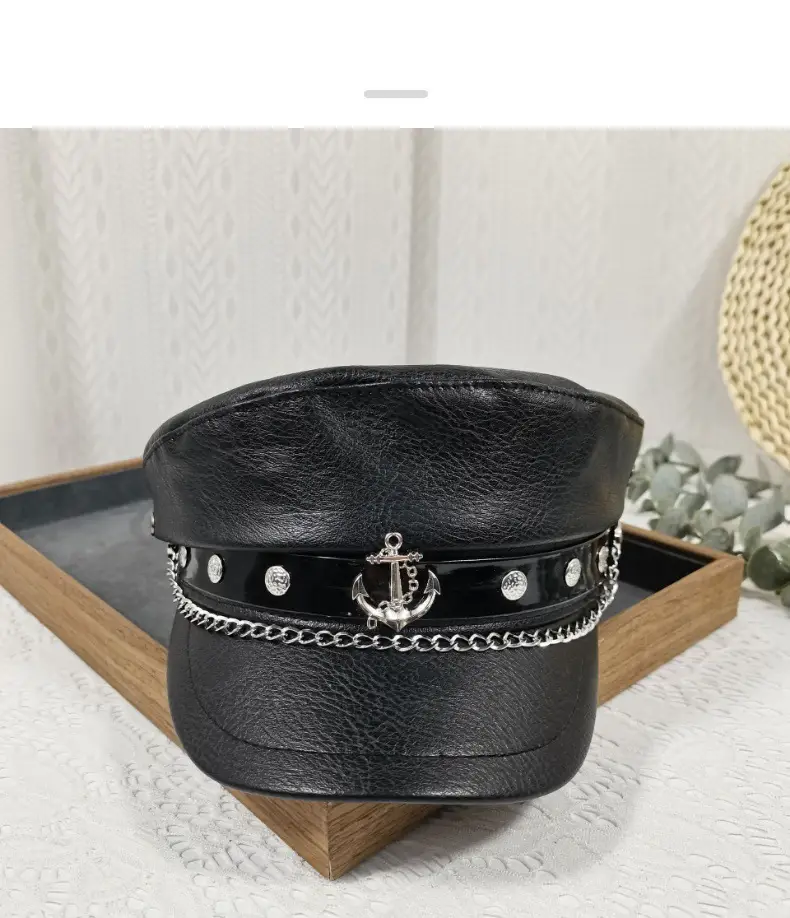 Navy Leather Cap with Chain & Anchor Design — feature 20