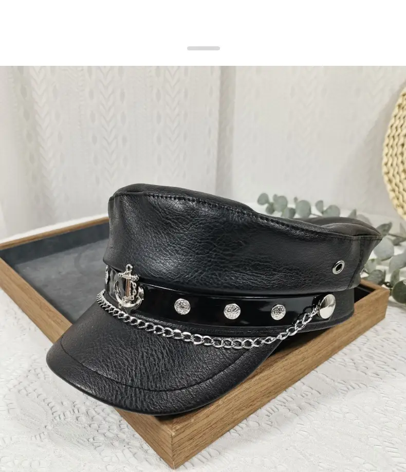 Navy Leather Cap with Chain & Anchor Design — feature 21