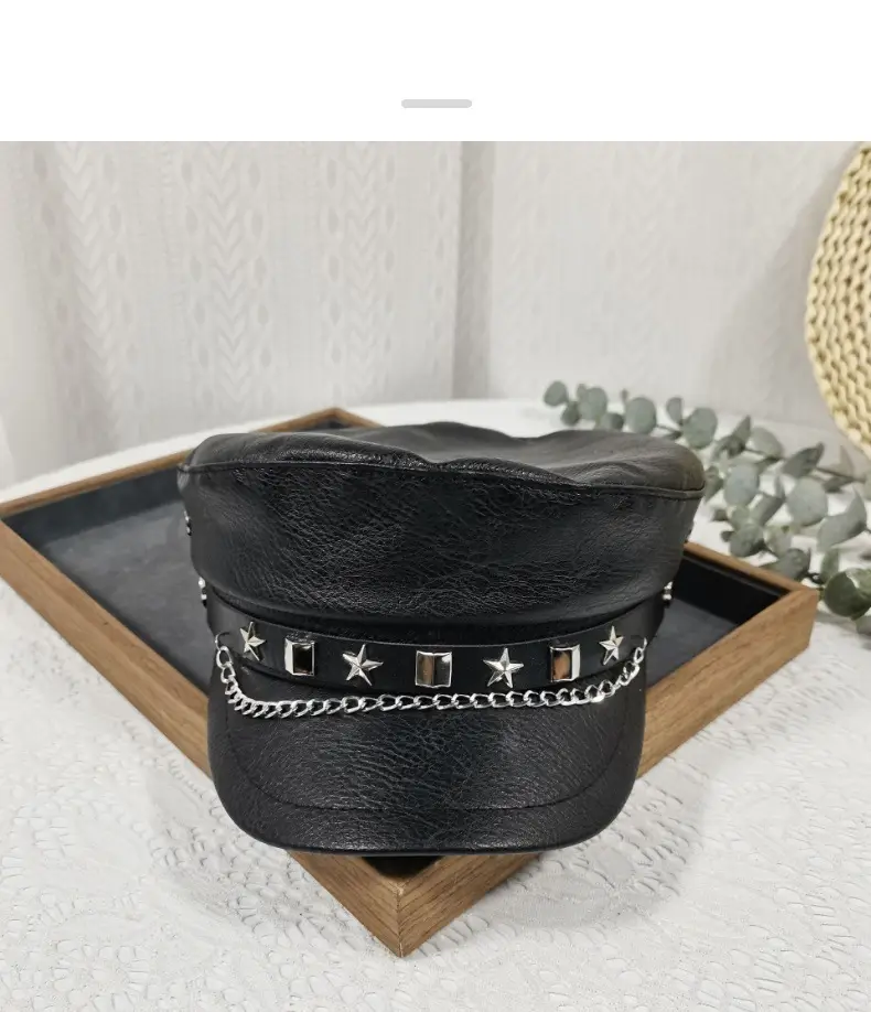 Navy Leather Cap with Chain & Anchor Design — feature 22