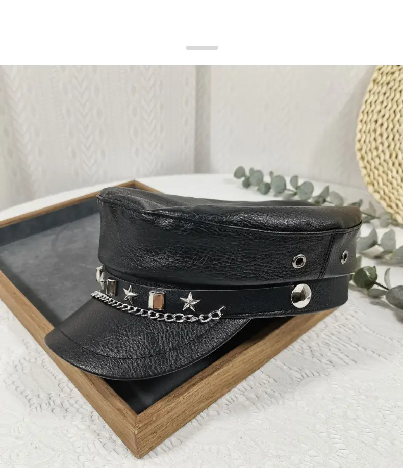 Navy Leather Cap with Chain & Anchor Design — feature 23