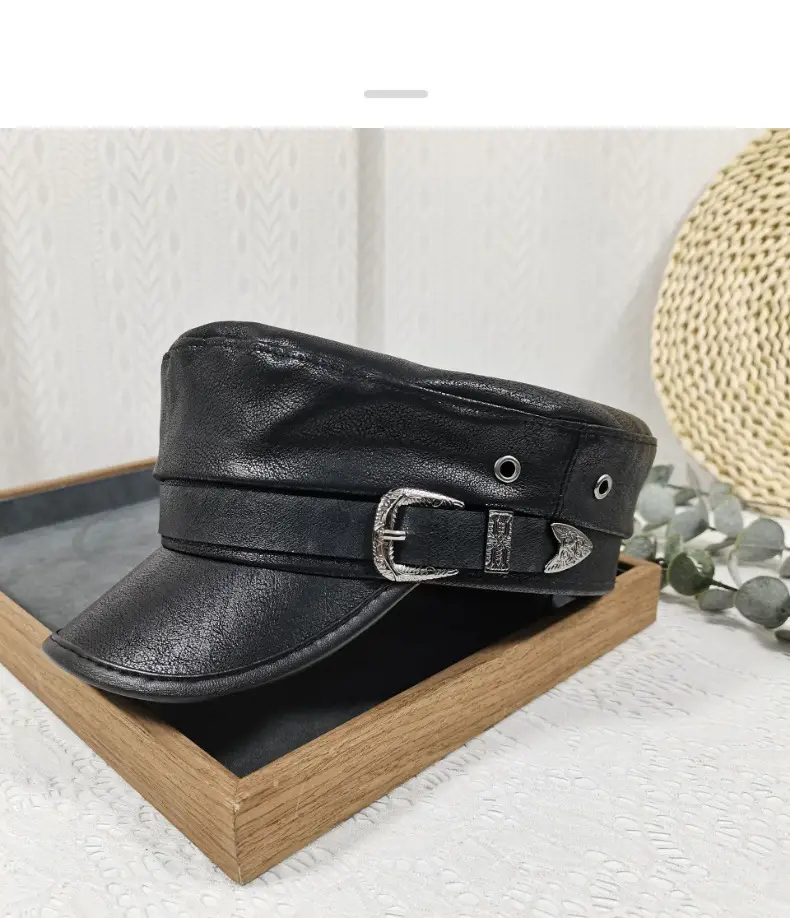 Navy Leather Cap with Chain & Anchor Design — feature 25