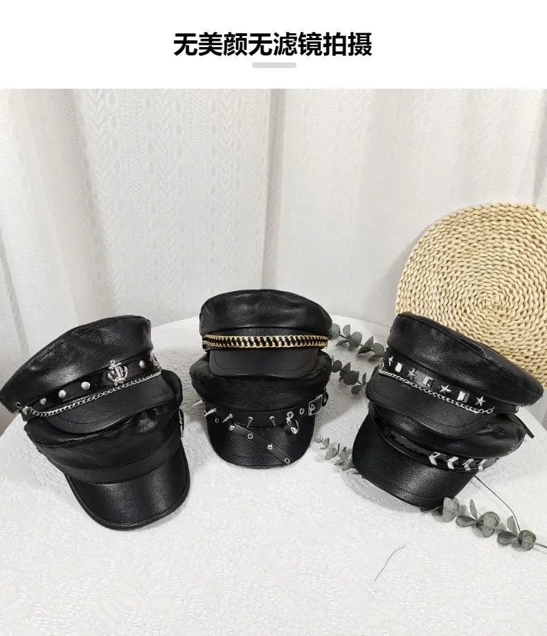 Navy Leather Cap with Chain & Anchor Design — feature 6