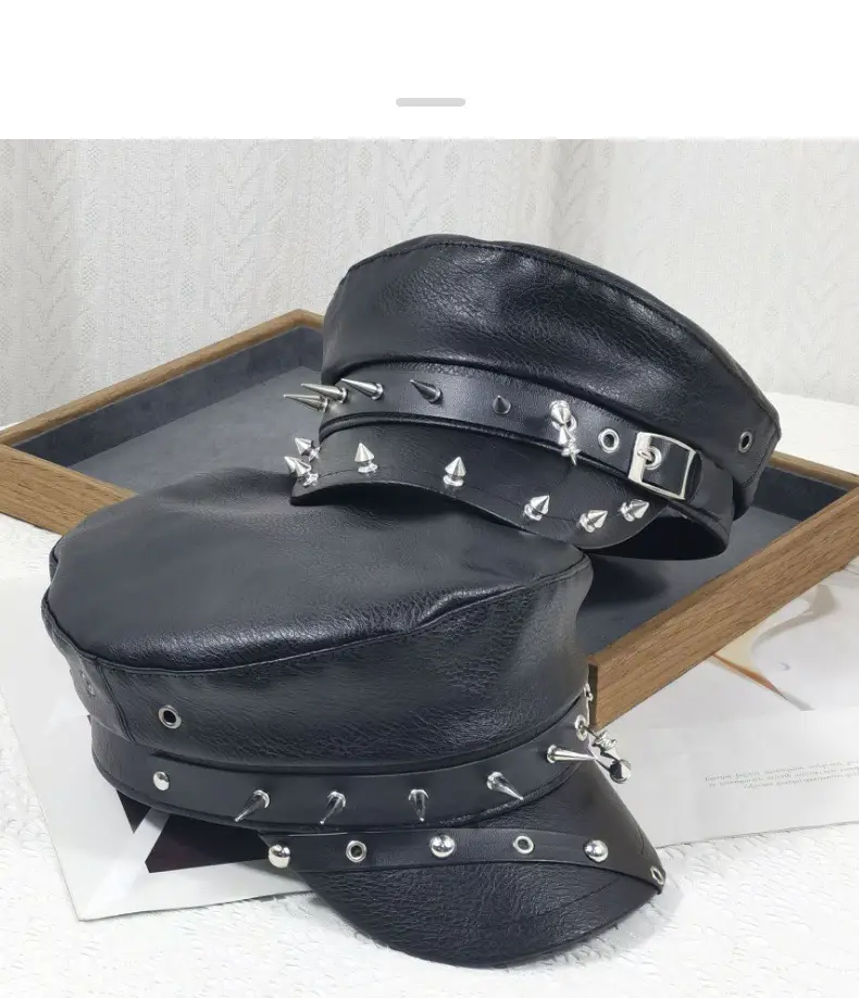 Navy Leather Cap with Chain & Anchor Design — feature 9