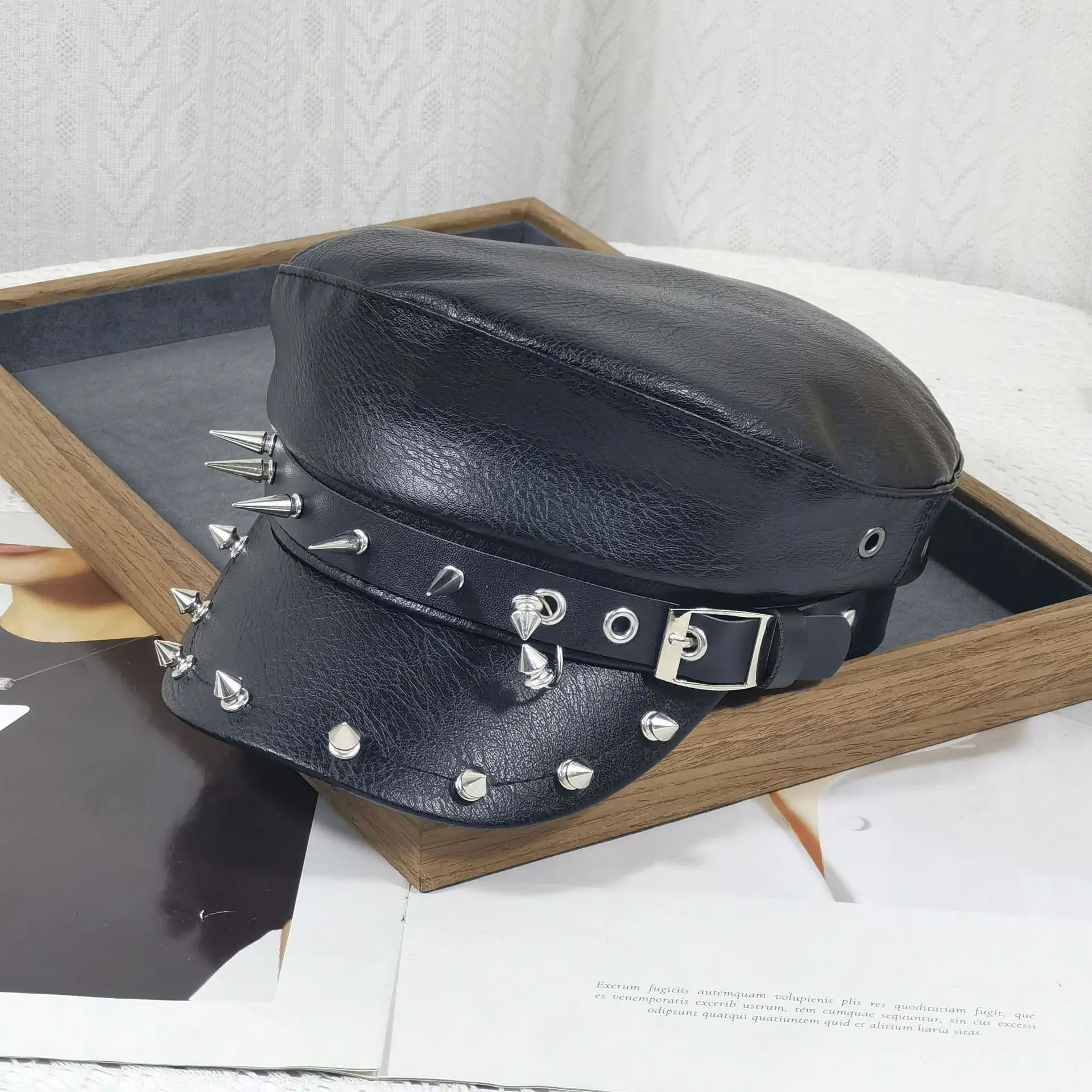 Navy Leather Cap with Chain & Anchor Design - Image 2