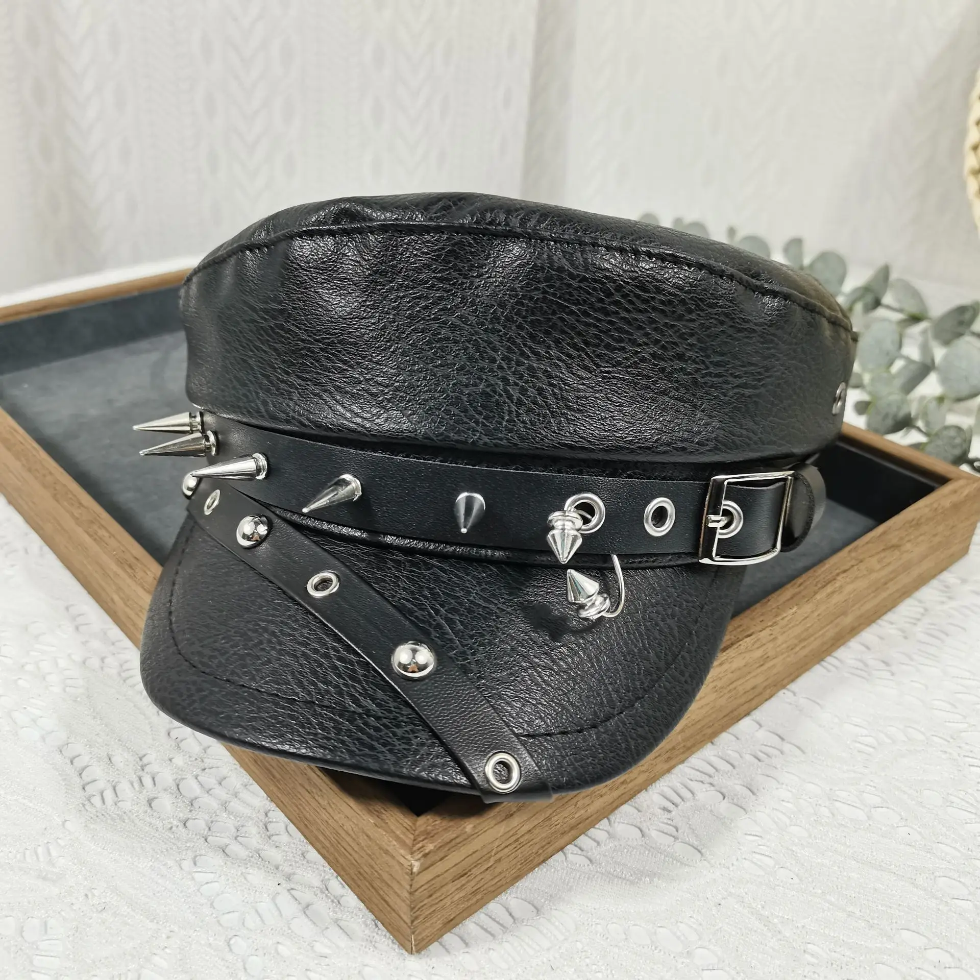 Navy Leather Cap with Chain & Anchor Design - Image 3
