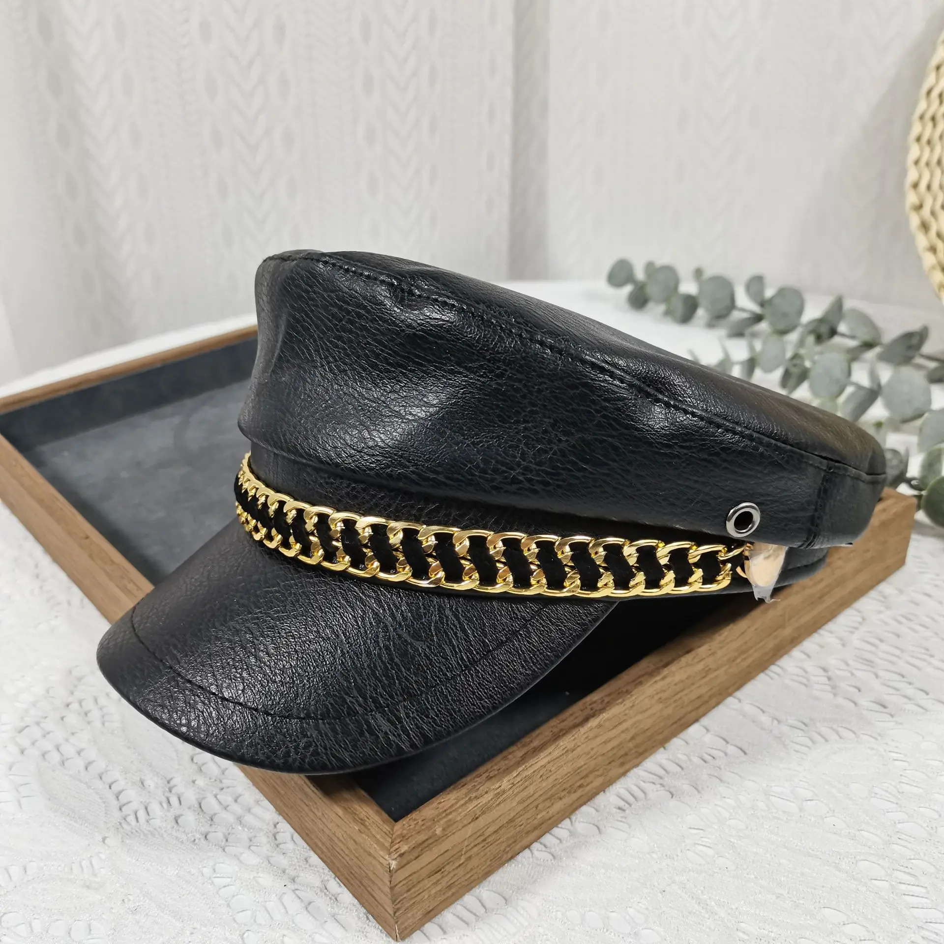Navy Leather Cap with Chain & Anchor Design - Image 4