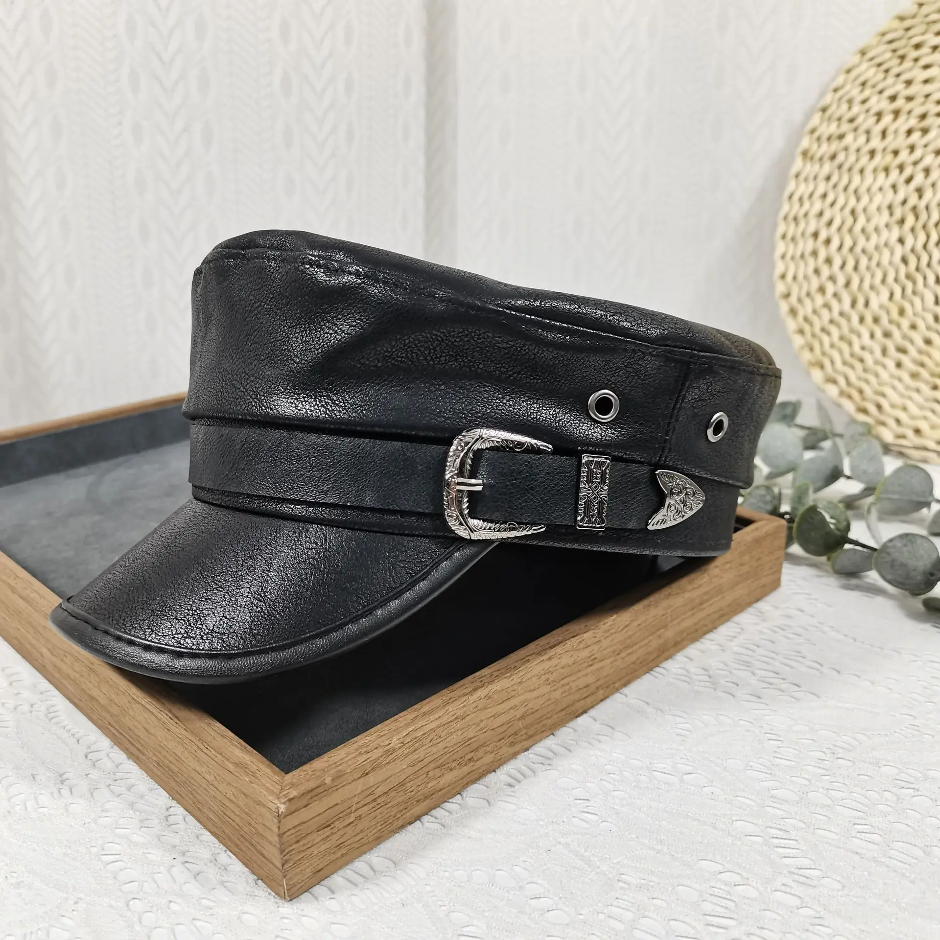 Navy Leather Cap with Chain & Anchor Design - Image 5